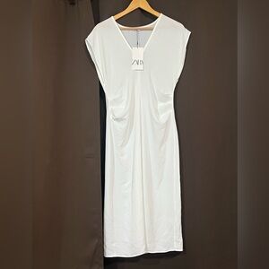 Zara White V-Neck Sleeveless Midi Dress
